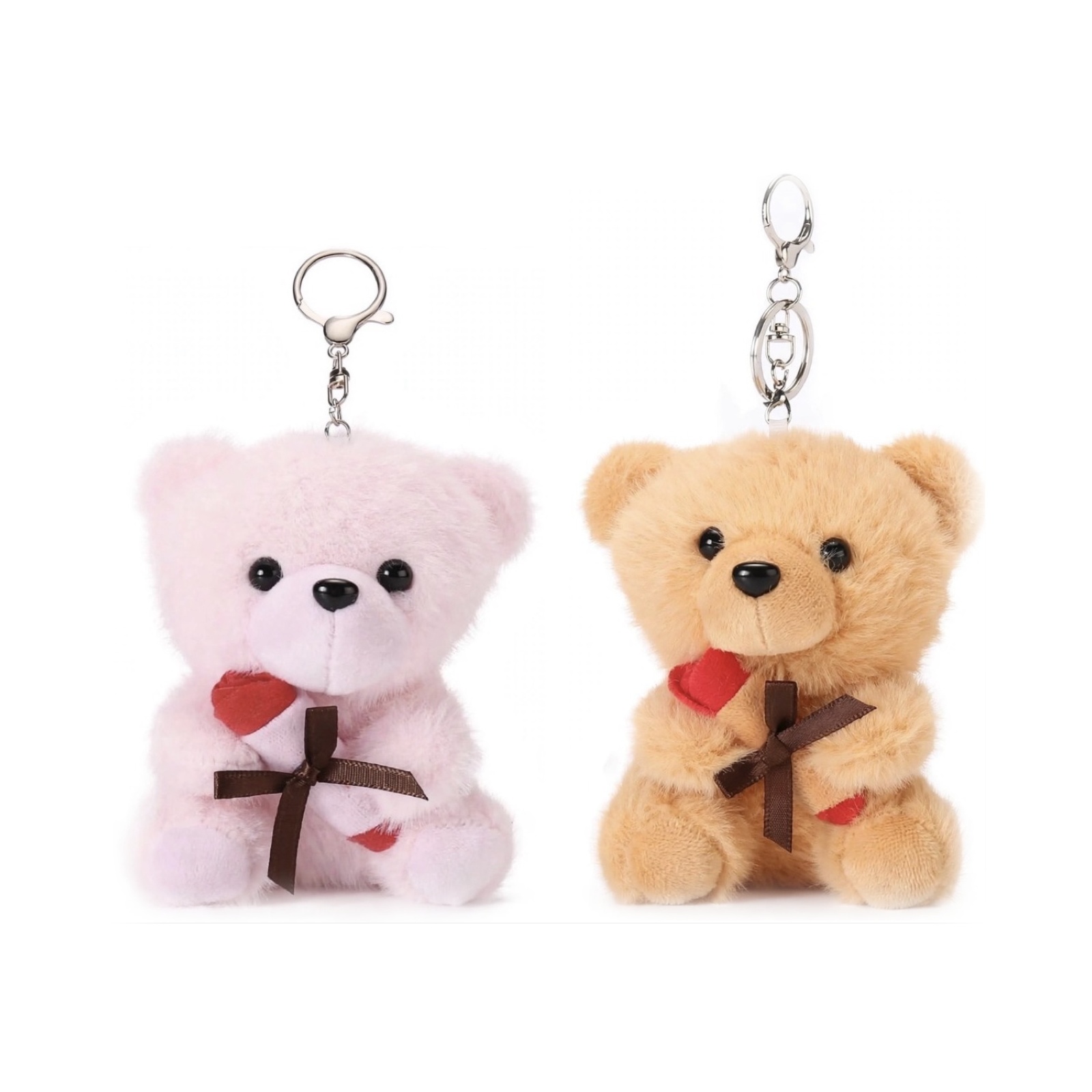 Teddy Bear Keychain — pink and brown plush bear keychains, each holding a red rose