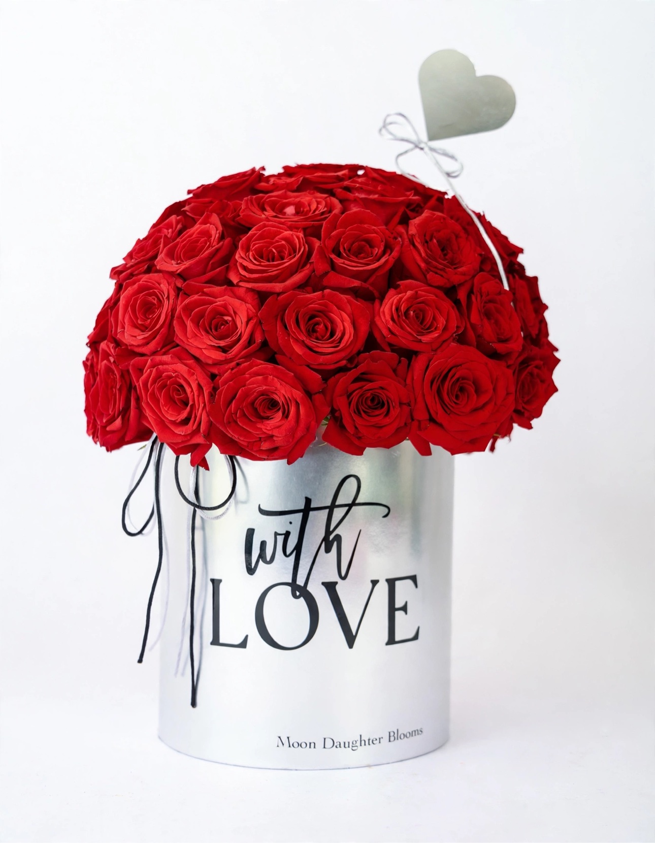 Red rose dome in a silver box lettered with love, finished with a silver heart pick
