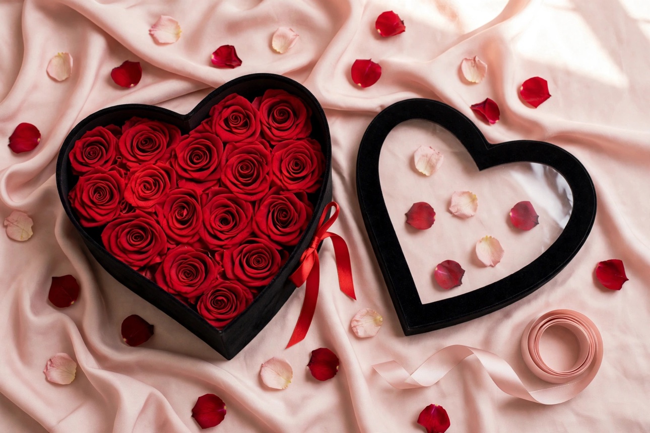 Infinity Heart Box in red — preserved red roses in a black heart-shaped keepsake box on blush satin, its clear heart lid resting beside it